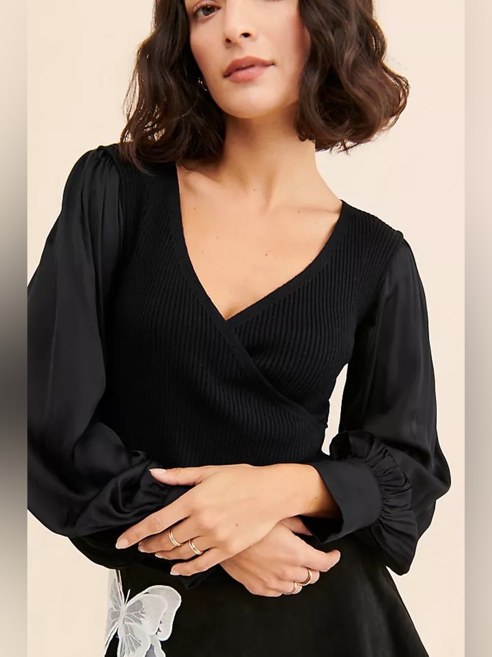Anthropologie Black Twofer Faux Wrap Sweater Satin Sleeves Size XS